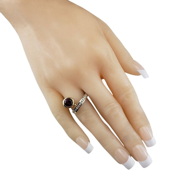 14K Two Tone Gold Garnet & Diamond Bypass Ring Size 6.5 #19748 - Picture 7 of 9